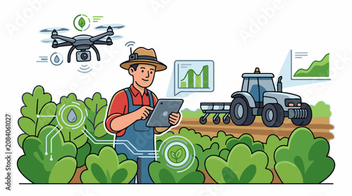 Farmer uses technology drone tractor and tablet in field