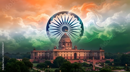 Rashtrapati bhavan and ashoka chakra with indian flag colors