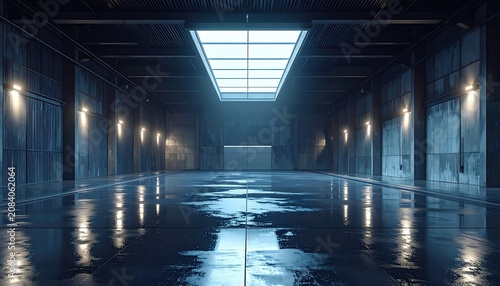 Futuristic Industrial Warehouse Interior with Reflective Wet Floor.