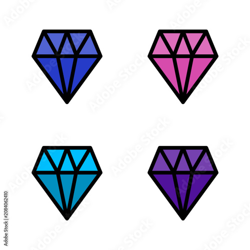 Colorful diamond icon set with black outline in flat design style