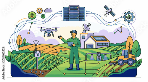 Farmer uses technology for smart agriculture on a hilly landscape