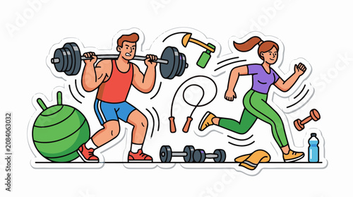 Energetic man lifts weights while woman runs gym equipment surrounds them