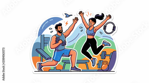 Energetic pair celebrating fitness achievements in a gym setting