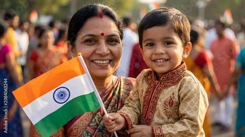 Indian woman and child with national flag during celebration