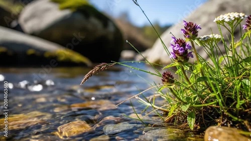 Crystal-clear stream flowing past wildflowers and lush grass among smooth rocks, capturing the peaceful beauty of an unspoiled natural riverside landscape in bright daylight