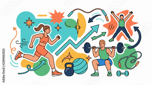 Energetic people engage in various fitness activities amidst abstract shapes and arrows
