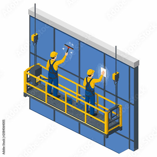Isometric vector illustration of two professional window cleaners in yellow helmets and blue overalls working on a suspended scaffold platform cleaning a blue glass building facade.