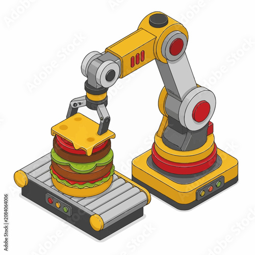 Isometric vector illustration of a yellow industrial robotic arm assembling a multi-layered cheeseburger with beef patties, lettuce, and tomatoes on a conveyor belt system.
