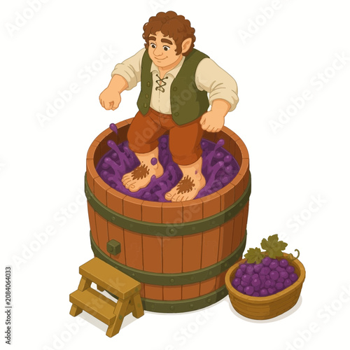 Isometric illustration of a fantasy halfling with hairy feet stomping purple grapes in a large wooden wine barrel, featuring a grape basket and step stool on a white background.