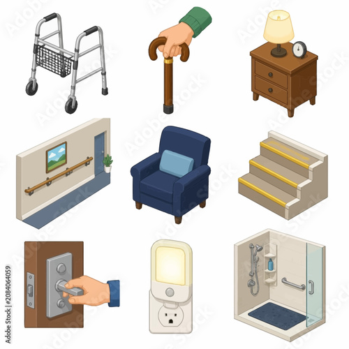 Isometric icon set of home safety and accessibility features for seniors, featuring walker, cane, grab bars, non-slip stairs, night light, lever door handle, and accessible bathroom.