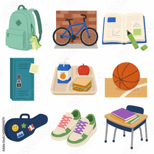 Vector icon set of school items including backpack, bicycle, locker, lunch tray, basketball, sneakers, and classroom desk. Ideal for back-to-school and student life themes.