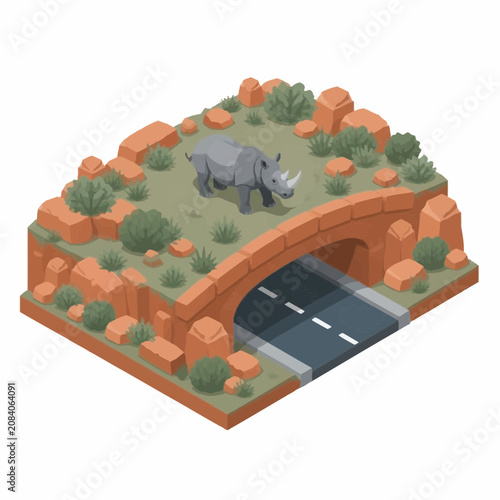 Isometric vector illustration of a rhinoceros walking on a stone wildlife crossing bridge over an asphalt highway with desert rocks and green shrubs in a savannah environment.