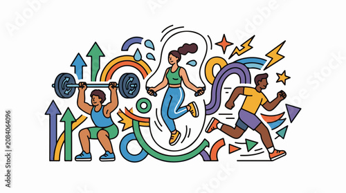 Energetic people engaged in diverse fitness activities amidst colorful abstract elements