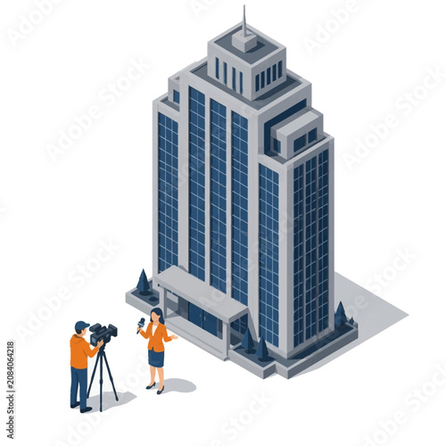 Isometric vector illustration of a female news reporter with a microphone and a cameraman filming a live broadcast in front of a modern skyscraper office building.