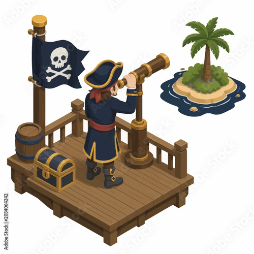 Isometric vector illustration of a pirate captain standing on a wooden deck, looking through a telescope at a tropical island with a palm tree, treasure chest, barrel, and Jolly Roger flag.
