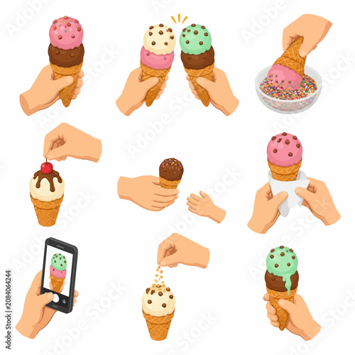 Vector illustration set of hands holding and decorating diverse ice cream cones with flavors like chocolate, strawberry, mint, and vanilla, featuring sprinkles, cherries, and mobile photography.