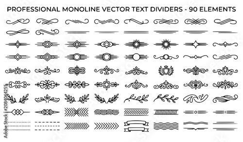 Decorative Line Text Divider Icon Pack Vector with Elegant Horizontal Separators Vintage Flourishes and Editorial Borders