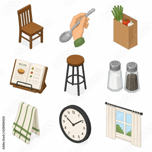 Isometric kitchen and home interior icons set featuring wooden chair, hand holding spoon, grocery bag with vegetables, recipe book, bar stool, salt and pepper shakers, towel, clock, and window.
