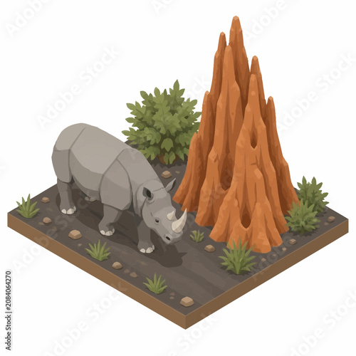 Isometric vector illustration of a grey rhinoceros standing beside a tall orange termite mound on a dry savanna landscape with green shrubs and grass tufts, isolated on a white background.