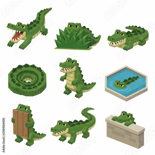 Set of nine low-poly isometric green crocodile characters in various poses including swimming, hiding, walking, and holding a sign, isolated on white background for game assets.
