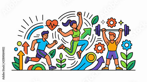 Energetic people engaged in fitness activities with abstract health and growth symbols