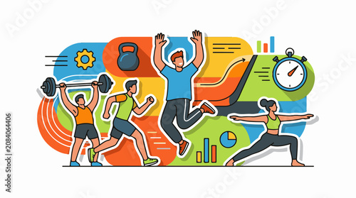 Energetic people engaged in fitness activities with abstract shapes and icons
