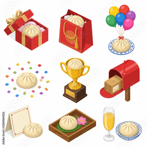 Isometric vector illustration set featuring Chinese steamed buns in celebration themes, including red gift boxes, shopping bags, colorful balloons, a gold trophy, and mailbox delivery.