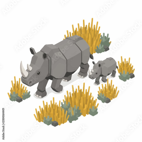 Isometric vector illustration of an adult rhinoceros and its calf walking through savanna grass. Detailed low-poly 3D style animal icons isolated on a white background.