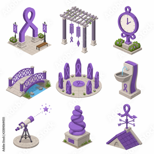 Isometric vector set of nine purple awareness ribbon themed park objects including a memorial arch, garden pergola, street clock, bridge over water, stone circle, and water fountain.