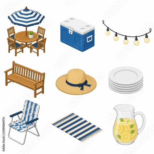 Isometric collection of outdoor summer icons including garden furniture with umbrella, blue cooler box, patio string lights, park bench, straw sun hat, dinnerware, and lemonade.