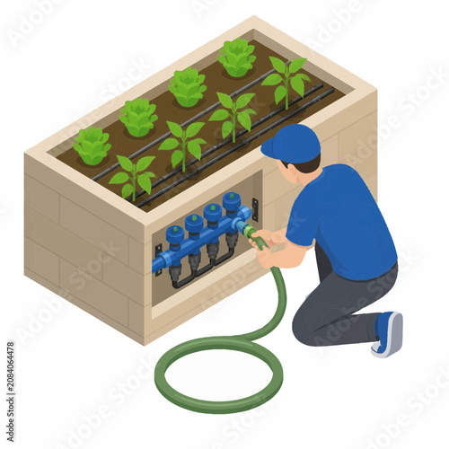 Isometric illustration of a professional worker connecting a green hose to a blue drip irrigation manifold system installed in a stone raised garden bed containing plants and tubing.