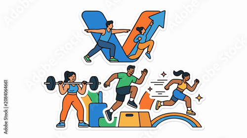 Energetic people engaged in various fitness activities and upward progress