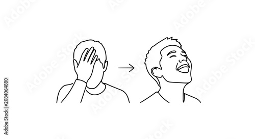 Foto Man's emotional transformation: frustration to joy, line art illustration