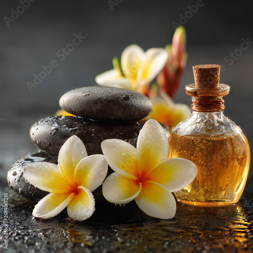 Spa still life with stones, oils and flowers