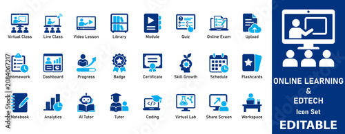 Foto Online Learning and EdTech Vector Icon Set for E-Learning Platforms, Distance Ed