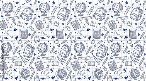 Seamless school supplies doodle pattern on blue grid paper