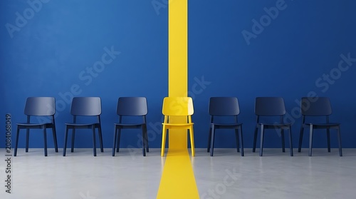 Single yellow chair standing out among navy blue chairs