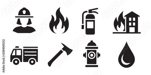 Foto Firefighter vector icon collection, firefighter tools icons, fire and safety equipment symbols