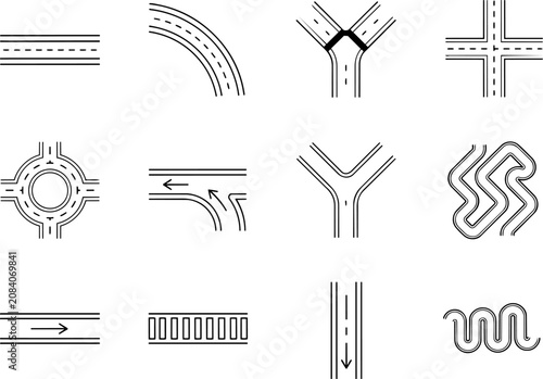 Road junction icons with arrows and lines for navigation and traffic flow during daylight