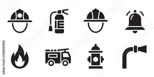 Photos Fire department symbols set with alarm bell truck hydrant extinguisher hose and fighter helmets