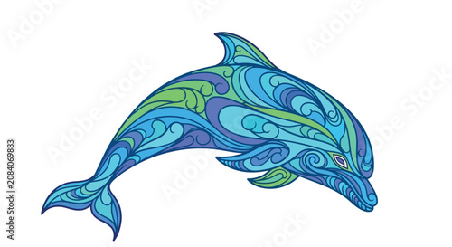 Photos Zentangle dolphin vector illustration, ornate blue and green aquatic mammal with