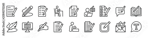 Writing thin line icon set. Contains paper document, note, book, notebook, letter, sheet, signature, edit, author, digital text of social media, memo, report, list - vector illustration