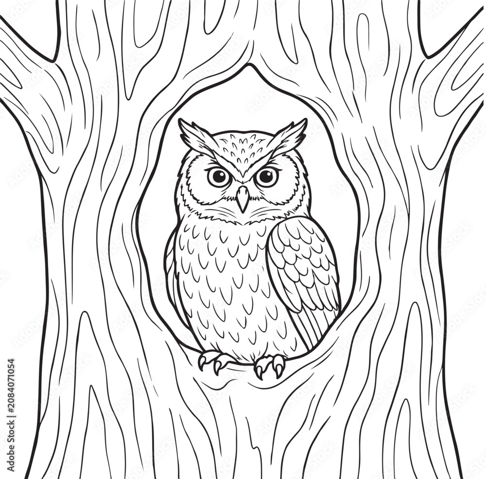 Obraz premium Coloring page of a cute owl sitting in a tree hollow