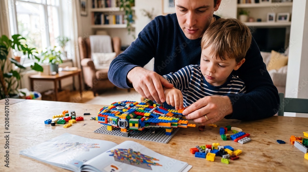 Obraz premium Man and Child Building Lego Model