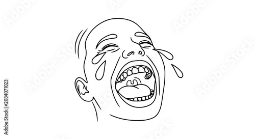 Konstfotografi Close-up Line Art Illustration of a Crying Child's Face, Expressing Intense Sadn