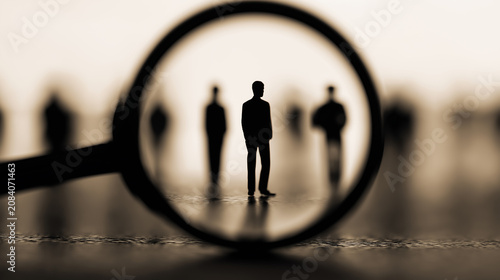 A magnifying glass over silhouettes of people to avoid bias, focus on skill