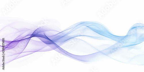 Quadro su tela Abstract flowing purple and blue smoke wisps creating a graceful, ethereal wave pattern against a clean white background