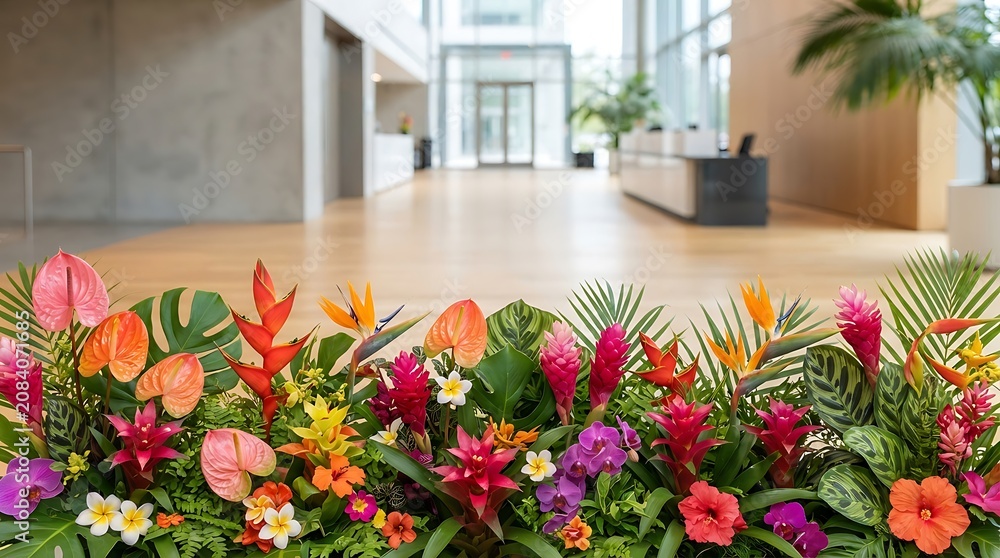 Fototapeta premium Tropical floral arrangement featuring exotic blooms and lush green leaves in modern office lobby with minimalist interior design.