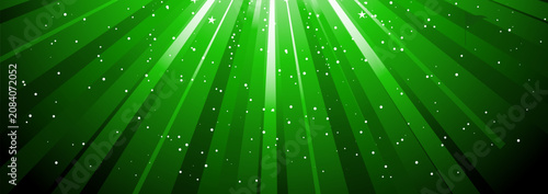 Abstract green light rays background with glowing sunburst beams and sparkling white particles for creative festive holiday web banner
