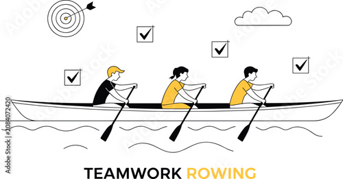 Fotografie Business teamwork rowing concept with three people navigating a boat together to